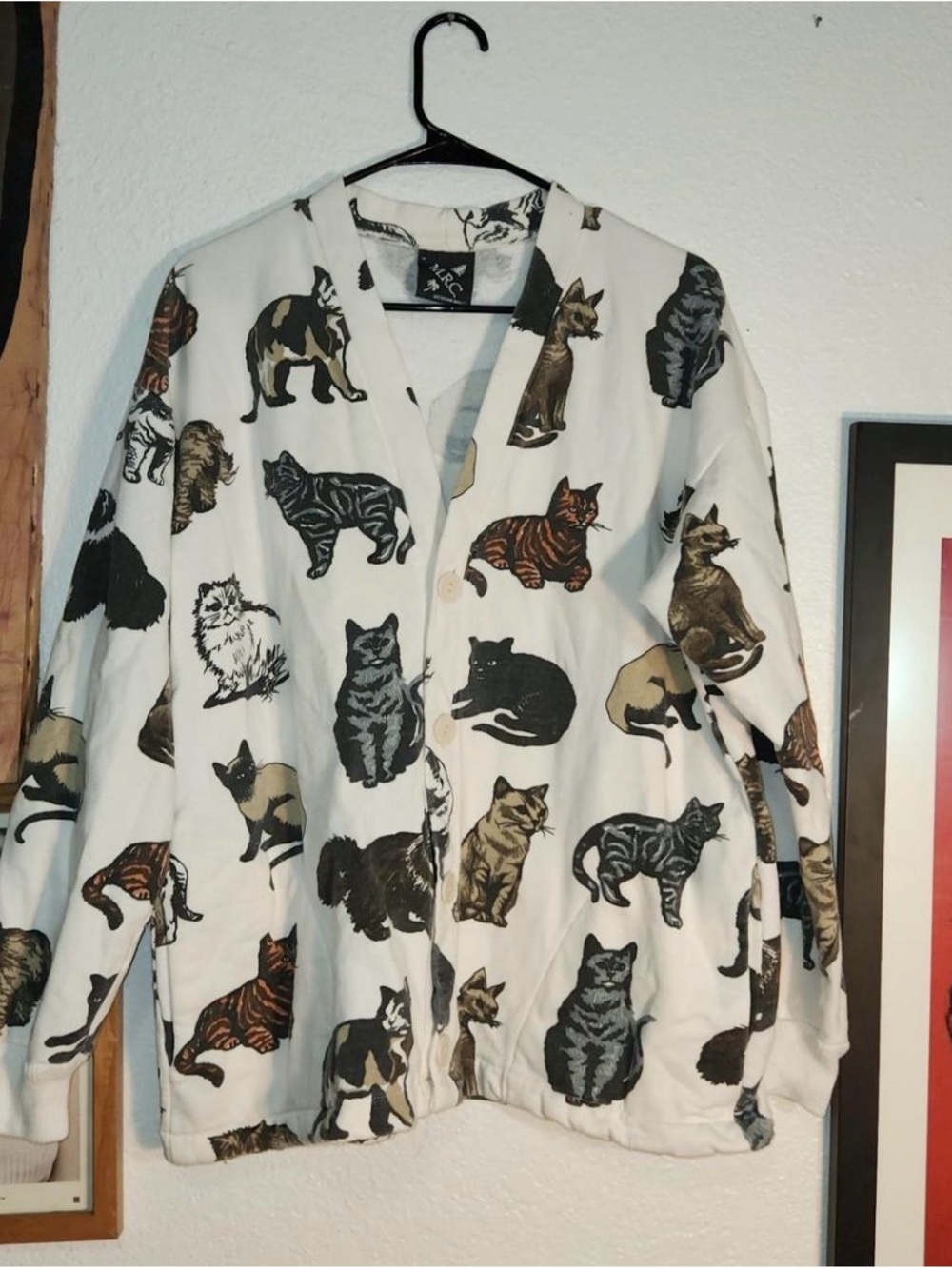 Cat Print Button-Up Scrub Jacket - White with Multicolor Cats